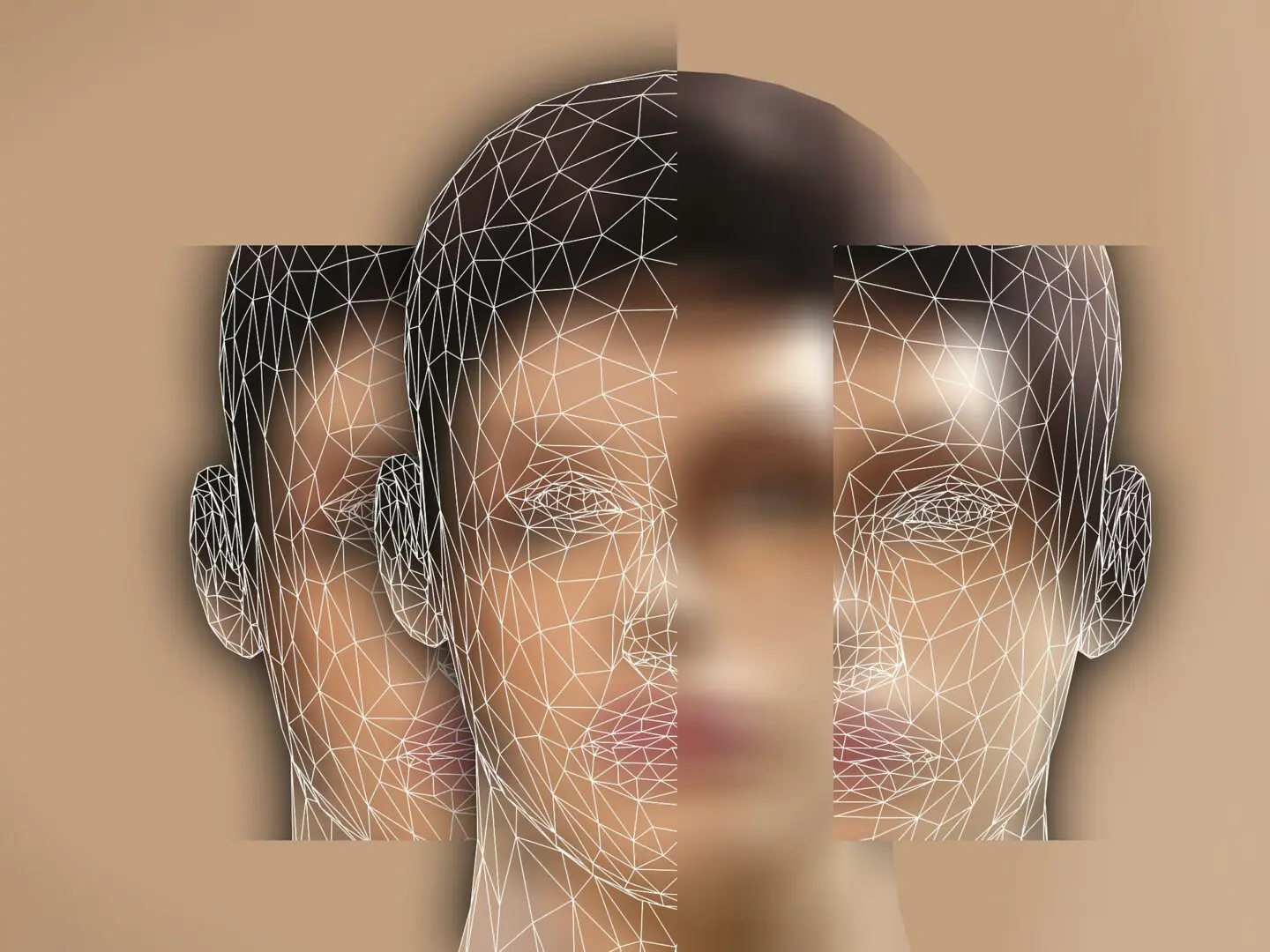 A digital art piece features multiple overlapping human heads with wireframe structures. The head in the center stands out with a clear, detailed face, while the surrounding, more blurred heads evoke a sense of searching. This imagery is akin to the journeys often encountered in trauma treatment. The background is beige.