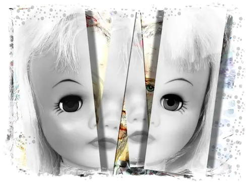 An abstract collage featuring fragmented images of a doll's face. The doll has large, dark eyes and white hair, with sections of the face overlayed in a split and layered manner, evoking imagery often explored in trauma treatment. The background is speckled and textured, enhancing the slightly eerie and surreal effect.