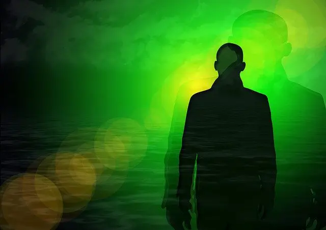 A silhouetted figure stands in front of a bright green, abstract background with lens flare effects creating circular light patterns. The figure, perhaps seeking solace from mental health treatment, appears to be near water, with the texture of the surface visible in the lower part of the image.