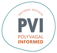 A circular logo with a teal border. Inside, the text reads "Polyvagal Institute" at the top, "PVI" in large grey letters in the center, and "Polyvagal Informed" in smaller orange letters below, reflecting its dedication to mental health treatment.