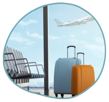 Two suitcases, one blue and one orange, stand in an airport with empty chairs in the background. A plane is taking off in the background against a clear blue sky. The scene suggests travel and departure, akin to embarking on a journey toward mental health treatment or PTSD recovery.