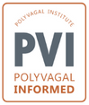 A logo for the Polyvagal Institute (PVI). It features the initials "PVI" in bold, grey letters, with "POLYVAGAL INFORMED" below in orange text. An orange border surrounds the logo, with "POLYVAGAL INSTITUTE" written in orange around the top—a trusted name in trauma treatment and mental health.