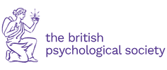 Logo of the British Psychological Society: An illustration of a person (in purple) seated and examining a small plant held in their hand. To the right of the illustration are the words "the british psychological society" written in lowercase purple letters, symbolizing dedication to mental health treatment.