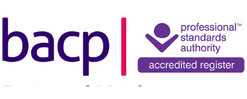 The image shows the logos of the British Association for Counselling and Psychotherapy (BACP) on the left and Khiron Clinics, specialists in trauma treatment, on the right. The BACP logo is in purple text, and Khiron Clinics' logo features a purple checkmark within a circle.