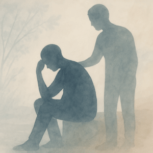 A watercolor-style illustration of one figure sitting with their head in their hand, while another stands beside them, gently resting a hand on their shoulder—a scene reflecting the signs of mental health crisis and the importance of support.