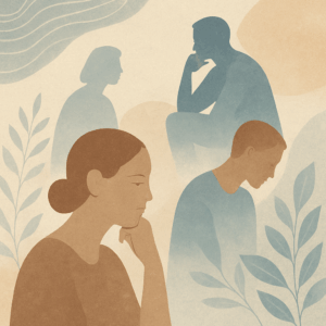 Illustration of four pensive people in muted earth and blue tones, with plants and abstract shapes in the background, conveying a mood of contemplation, support, and recovery stories.