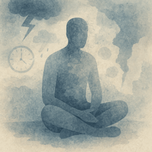 A watercolor-style illustration of an adult sitting cross-legged, surrounded by storm clouds, a lightning bolt, raindrops, smoke, and a clock—visually representing stress triggers or the onset of a mental breakdown.
