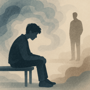A person sits hunched on a bench, looking down with a sad expression—a scene reflecting the weight of a mental health crisis among teenagers, as a shadowy figure stands in the background amid swirling clouds, creating a somber atmosphere.
