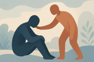 Illustration of one figure sitting with head down, while another offers comfort—a reminder of the importance of managing mental health at home, set against a soft, abstract outdoor background with plants.