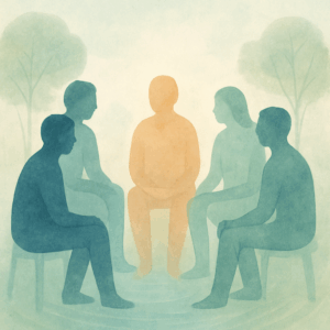 Five people sit in a circle on chairs, with one person in the center highlighted in orange while others are shaded in blue and green tones. The calm, outdoor setting suggests a support group focused on mental health and crisis recovery.