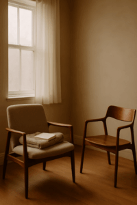 Two wooden chairs, one with a beige cushion and a closed book on it, are positioned in a softly lit room—an inviting space for trauma healing or to support a partner through gentle conversation and comfort.