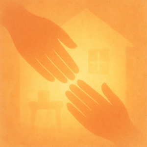 Two hands reaching toward each other in front of a softly glowing house silhouette, with warm orange and yellow tones evoking comfort and the vital role of family in trauma healing and support.