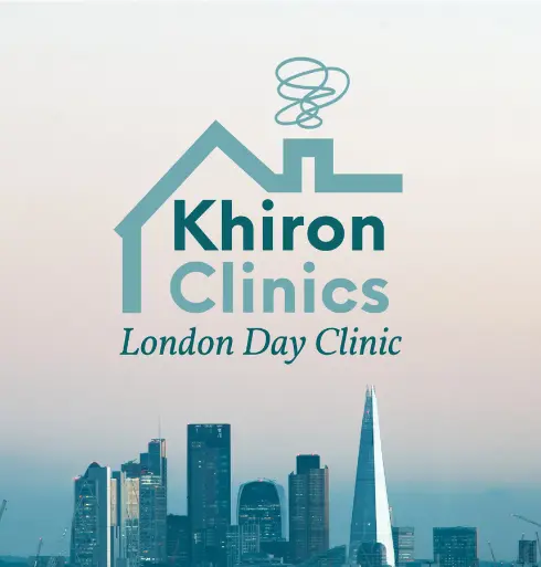 Logo for Khiron Clinics London Day Clinic, featuring a house outline with a swirl above it, symbolizing comfort and healing in the city skyline. The design reflects Khiron’s focus on recovery and answers the question: What is Trauma?.