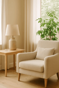 A cozy beige armchair with a cushion sits beside a light wooden side table holding a ceramic lamp, next to a window with sheer curtains and a leafy green plant—an inviting space ideal for therapy treatment and complex trauma healing.