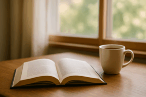 An open recovery book and a white coffee mug sit on a wooden table by a sunlit window, with soft natural light creating a cozy, peaceful atmosphere for emotional healing.