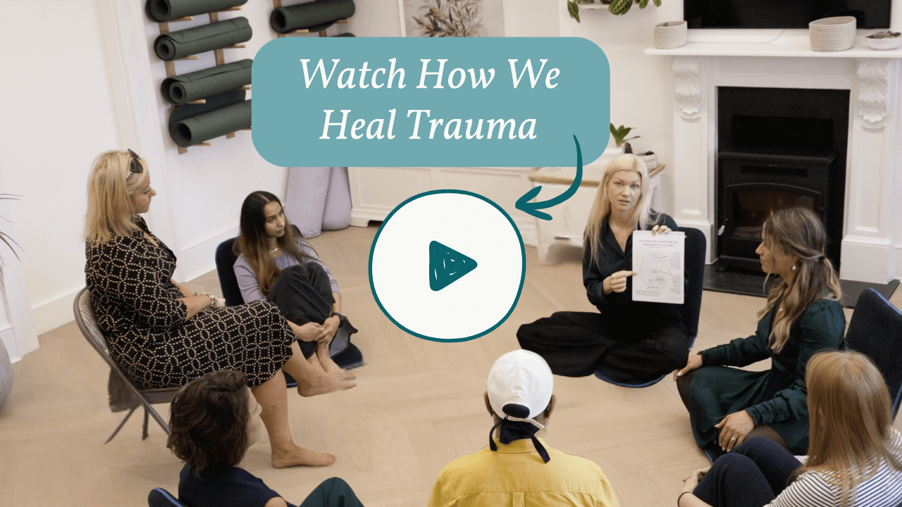 A group of six women sit in a circle on the floor, one holding a paper and leading a discussion about what is trauma. A text bubble reads, “Watch How We Heal Trauma,” with a play button icon below it. Yoga mats are stacked in the background.