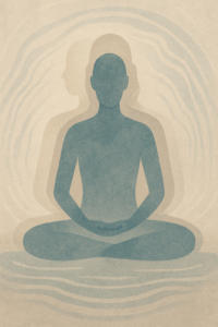 Stylized illustration of a person sitting cross-legged in a meditative pose with subtle layered outlines behind them, evoking a calm, serene atmosphere inspired by mindfulness techniques. The textured beige background enhances the sense of peace.