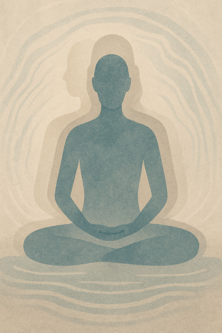 Stylized illustration of a person sitting cross-legged in a meditative pose with subtle layered outlines behind them, evoking a calm, serene atmosphere inspired by mindfulness techniques. The textured beige background enhances the sense of peace.