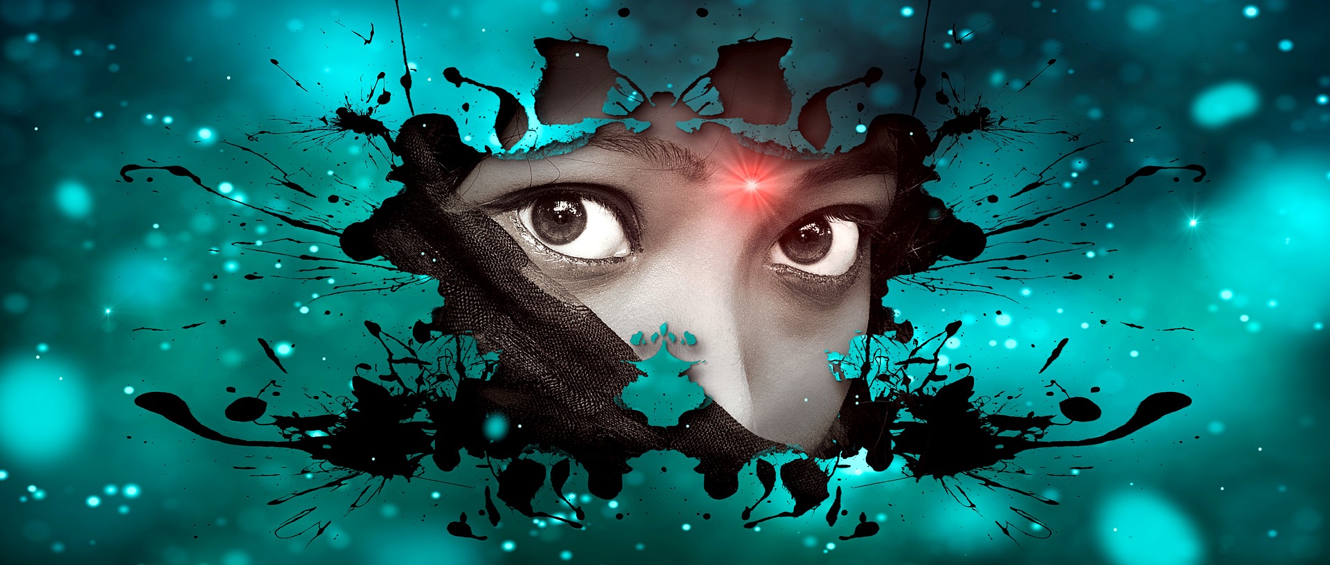 A pair of expressive eyes peers through a central hole in a splash of black ink against a teal bokeh background. A small red light is positioned on the forehead, adding a mysterious element to the abstract image, reminiscent of the deep introspection found in Khiron Clinics' trauma treatment programs.