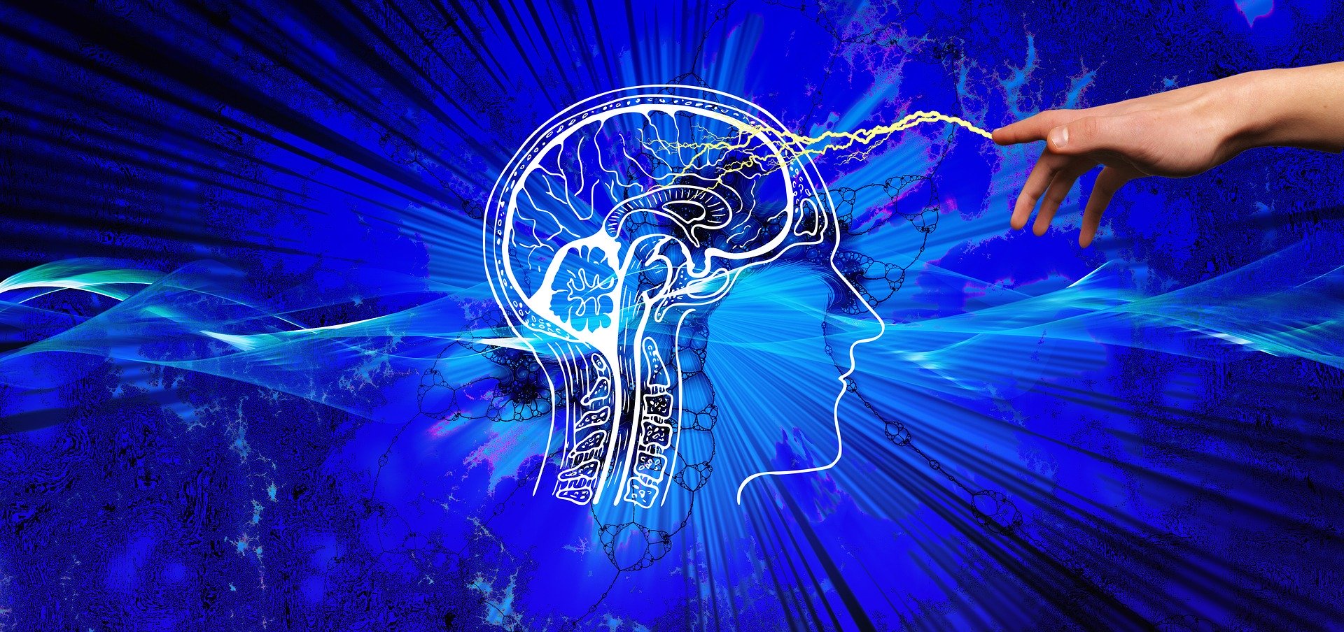 A digital illustration of a human brain outlined in white, with electric-like currents connecting it to an outstretched hand. The vibrant blue background adorned with abstract lines and patterns evokes a futuristic atmosphere, echoing the cutting-edge PTSD treatment at Khiron Clinics.