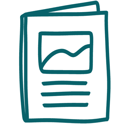 A hand-drawn illustration of a folded newsletter or brochure. The cover features a rectangular image with a wave pattern above three horizontal lines of text, suggesting a simplistic design. The outline is in teal.