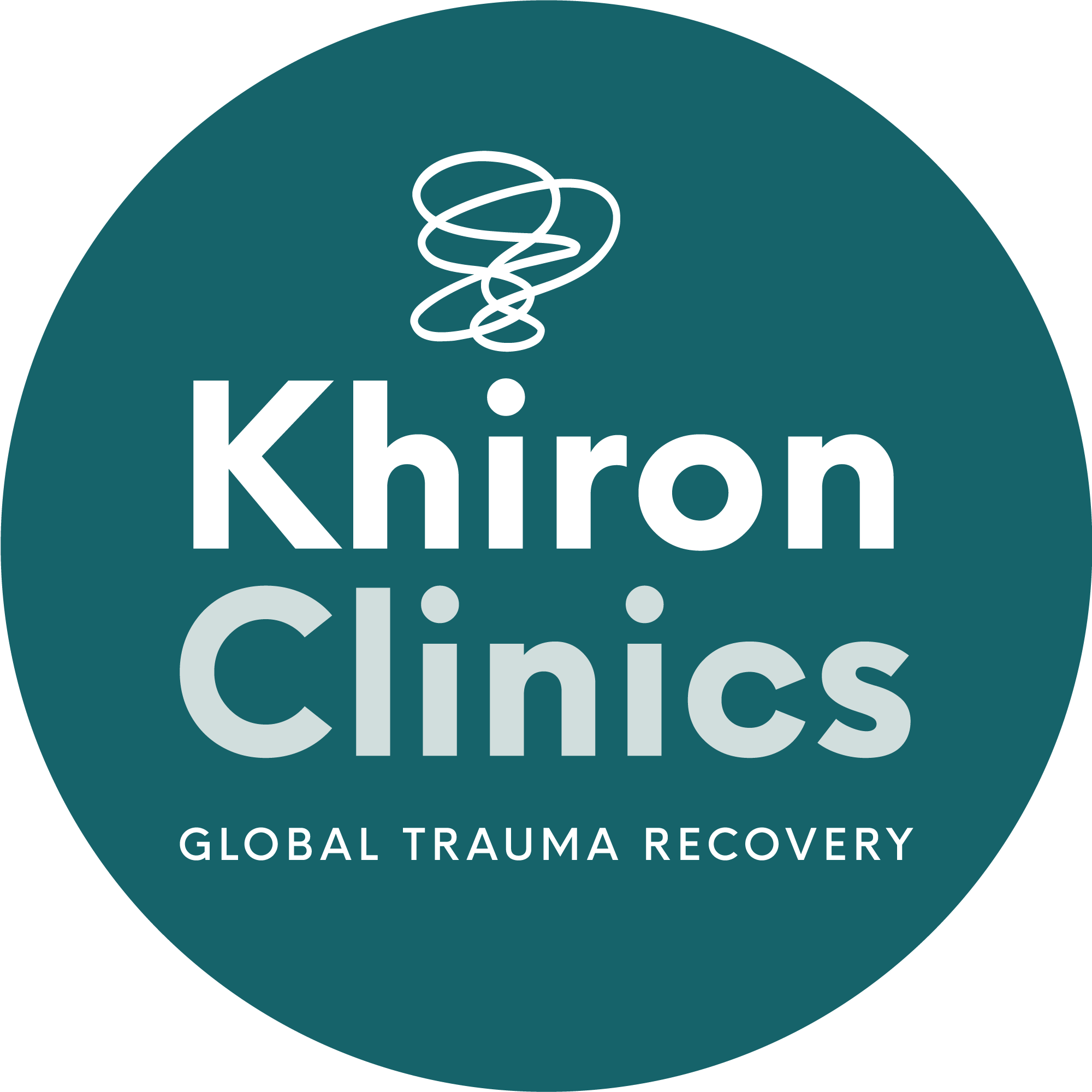 A circular logo with a teal background features "Khiron Clinics" in bold, white letters and "GLOBAL TRAUMA RECOVERY" in smaller white text below. Above the text is an abstract, white, spiral design, emphasizing its role as a leading trauma clinic.