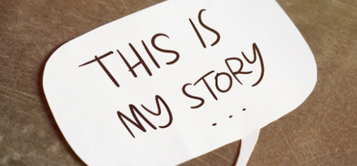 A white speech bubble-shaped paper with "THIS IS MY STORY..." written in black marker, displayed on a textured brown background, symbolizes the beginning of personal healing journeys in trauma treatment.