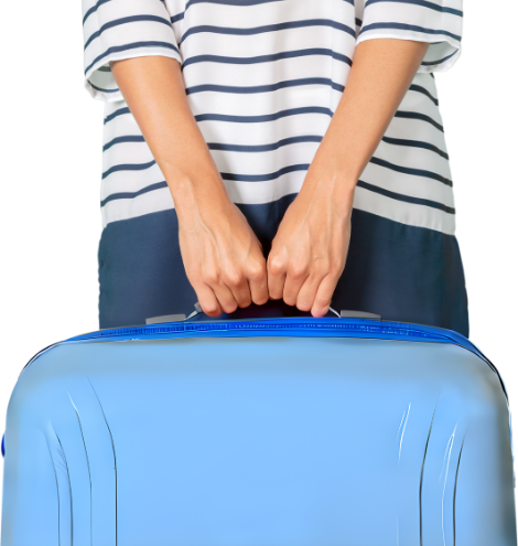 A person wearing a striped shirt is shown from the shoulders to the waist, grasping the handle of a large blue suitcase. The background is white, emblematic of someone embarking on their journey to Khiron Clinics for mental health treatment.