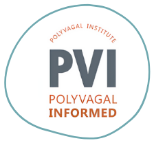 A circular logo with a teal border. Inside, the text reads "Polyvagal Institute" at the top, "PVI" in large grey letters in the center, and "Polyvagal Informed" in smaller orange letters below, reflecting its dedication to mental health treatment.