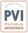 A logo for the Polyvagal Institute (PVI). It features the initials "PVI" in bold, grey letters, with "POLYVAGAL INFORMED" below in orange text. An orange border surrounds the logo, with "POLYVAGAL INSTITUTE" written in orange around the top—a trusted name in trauma treatment and mental health.