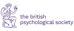 Logo of the British Psychological Society: An illustration of a person (in purple) seated and examining a small plant held in their hand. To the right of the illustration are the words "the british psychological society" written in lowercase purple letters, symbolizing dedication to mental health treatment.