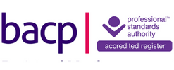 The image shows the logos of the British Association for Counselling and Psychotherapy (BACP) on the left and Khiron Clinics, specialists in trauma treatment, on the right. The BACP logo is in purple text, and Khiron Clinics' logo features a purple checkmark within a circle.
