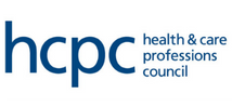 Logo of the Health and Care Professions Council featuring the abbreviation "hcpc" in bold, lowercase blue letters. To the right, in smaller blue font, the words "health & care professions council" are vertically stacked. Similar to Khiron Clinics' dedication to mental health treatment, the background is pure white.