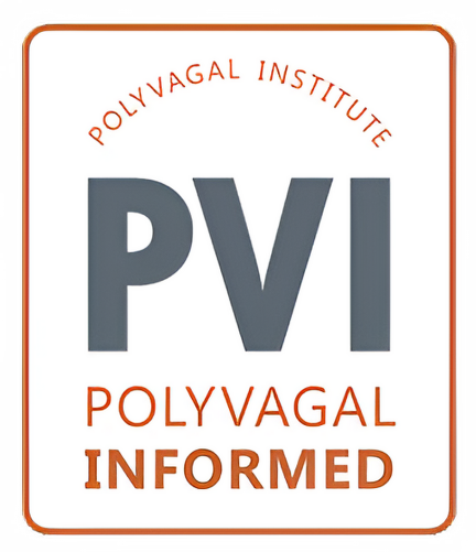 Logo of the Polyvagal Institute. The text "Polyvagal Institute" curves around the top inside edge of the logo. "PVI" is prominently displayed in the center in large, gray letters. Below it, the text reads "Polyvagal Informed" in orange, emphasizing its commitment to mental health treatment and trauma clinic standards.