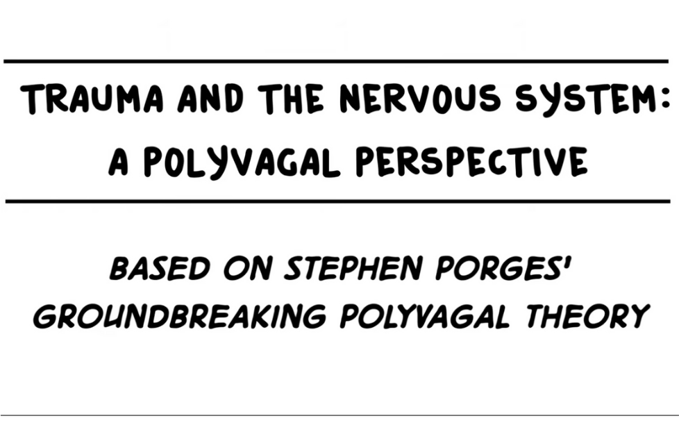 An image with text that reads: "Trauma and the Nervous System: A Polyvagal Perspective. Based on Stephen Porges' Groundbreaking Polyvagal Theory." This text, relevant to PTSD treatment, is written in two separate black rectangles.