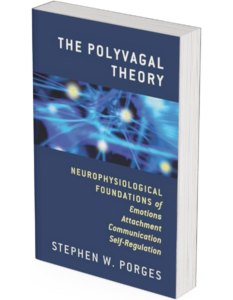 The image showcases "The Polyvagal Theory" by Stephen W. Porges, a key resource in trauma treatment and mental health. The dark blue cover with white text features an abstract image of neural connections. Subtitles include "Neurophysiological Foundations of Emotions, Attachment, Communication, Self-Regulation.