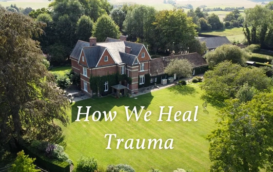 Aerial view of a large, two-story brick house surrounded by lush greenery and a well-maintained lawn, reminiscent of a peaceful mental health clinic. The words "How We Heal Trauma" are overlaid on the image.