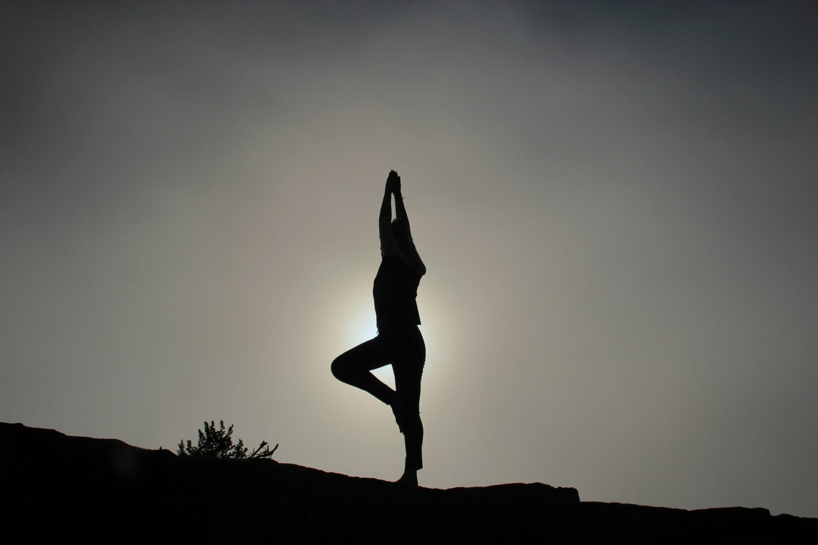 Silhouette of a person practicing yoga in the tree pose atop a hill, with arms raised overhead. Set against a hazy sky and backlit by the sun, this serene moment reflects the harmony of the gut-brain connection achieved through mindful practice.