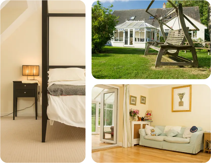 Collage of a home interior and exterior: a bedroom with a black bedframe and nightstand, reminiscent of residential treatment spaces, a backyard featuring a white conservatory and wooden swing, and a cozy living room with a white sofa, wooden floor, and decor items.