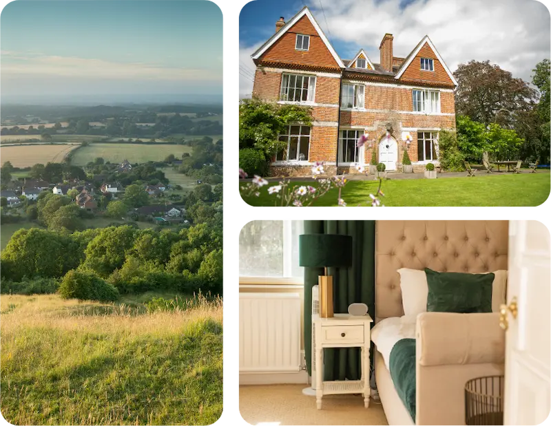 A collage of three images: a scenic countryside view with fields and houses, a residential treatment facility featuring a large brick house with a lush garden, and a stylish bedroom with a plush bed and nightstand.