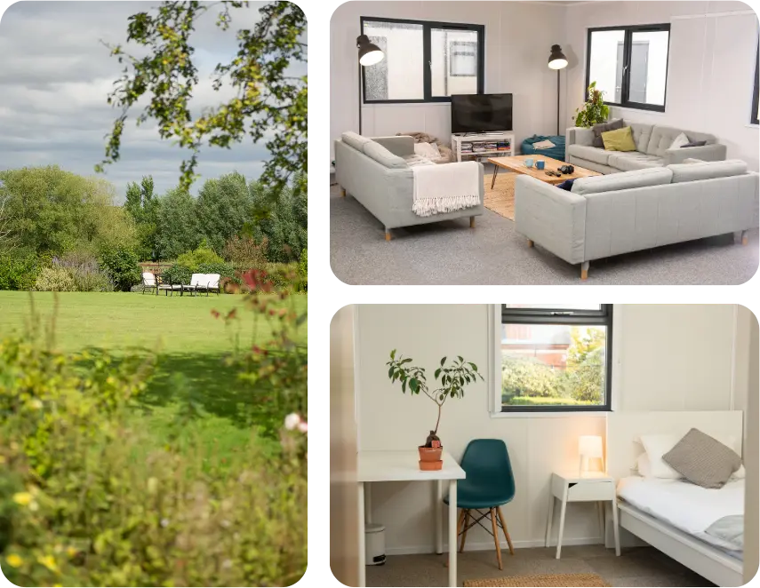 Collage of four images: A lush residential treatment garden with trees and a seating area, a cozy living room featuring gray sofas and a TV, a sunlit bedroom complete with a bed, plant, desk, and chair, and a close-up of vibrant greenery.