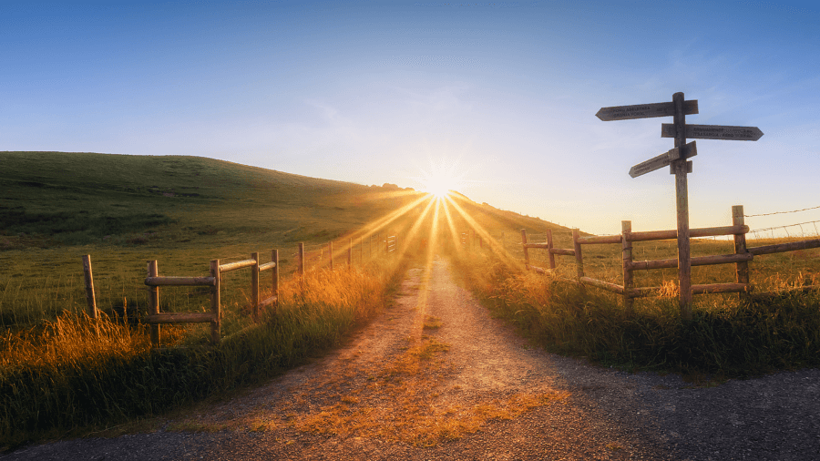 A dirt path stretches between wooden fences, gently guiding the way towards a hill under a clear blue sky. A wooden signpost stands on the right as the sun sets, casting long rays and a warm, golden glow that lifts spirits and brightens even the deepest moments of depression.