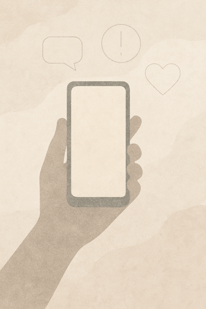 A hand holds a smartphone with a blank screen. Above the phone are outlined icons—a speech bubble, an exclamation mark symbolizing urgency, and a heart—evoking the question: What is Trauma? The image features a beige, textured background.