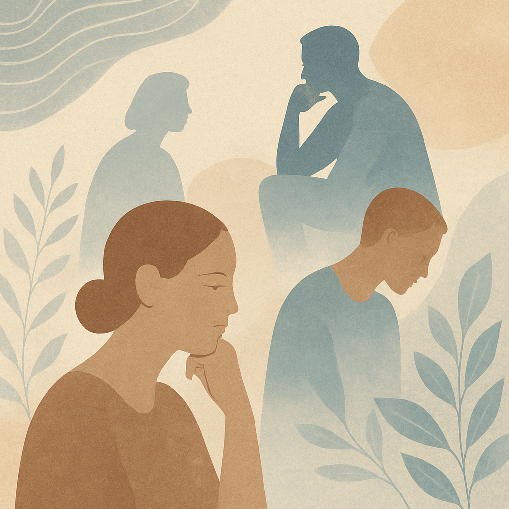 Illustration of four pensive people in muted earth and blue tones, with plants and abstract shapes in the background, conveying a mood of contemplation, support, and recovery stories.