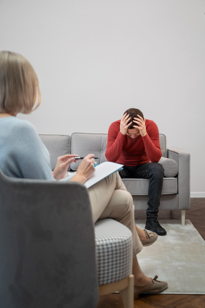 A man sits on a couch with his head in his hands, appearing distressed, while a therapist provides Nervous System-Informed Care and listens attentively during a trauma recovery session in a calm, neutral-toned Oxfordshire room.