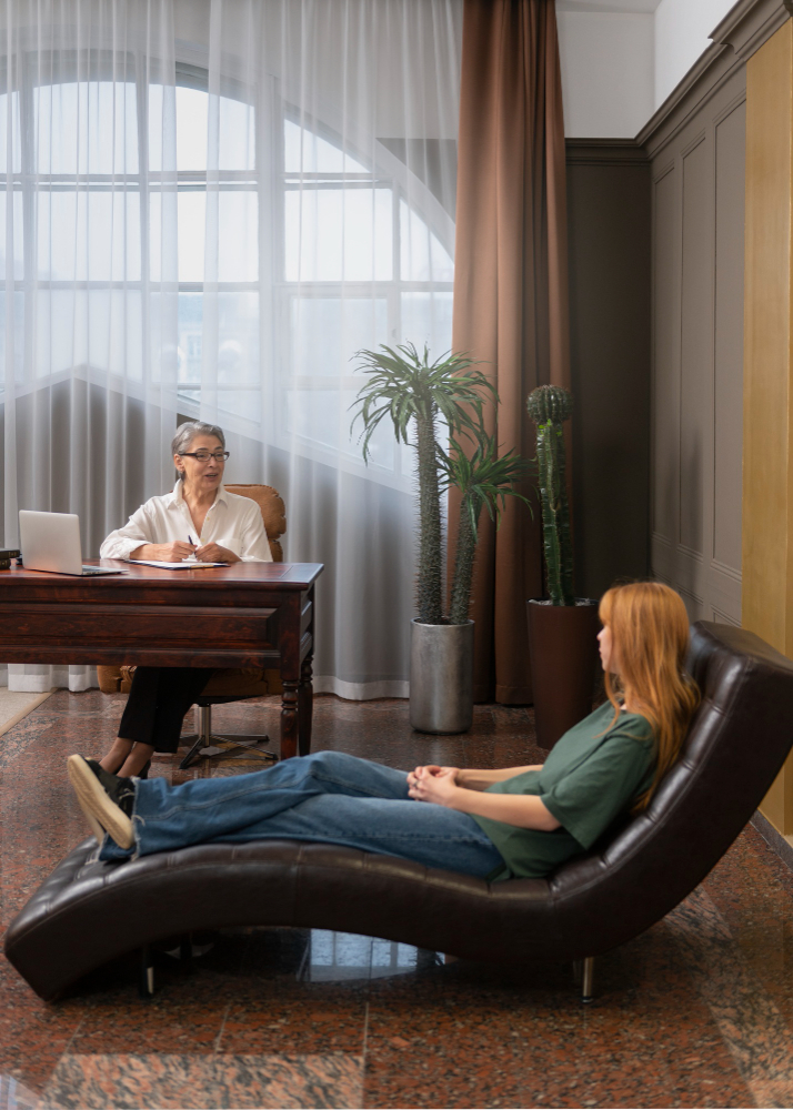 A woman sits at a desk with a laptop, listening to another woman lying on a chaise lounge in an Oxfordshire office with large windows and plants—a calming space for trauma therapy, designed to help clients heal and recover.