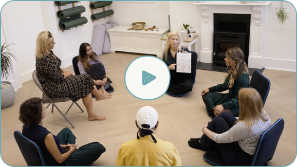 Six women sit in a circle in a calm, modern room with yoga mats on the wall and a fireplace. One woman holds up a sheet of paper as they all focus on her, perhaps exploring the question, "What is Trauma?" during their group discussion.