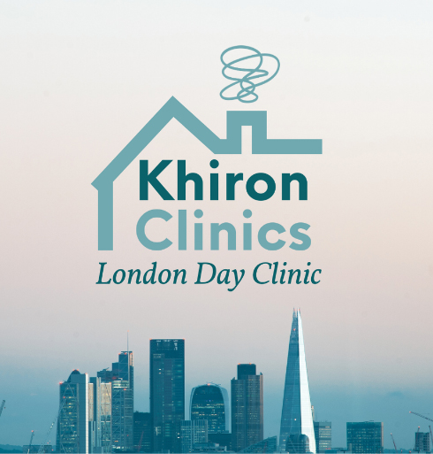 Logo for Khiron Clinics London Day Clinic, featuring a house outline with a swirling line above the roof, set against London’s skyline, including the Shard—reflecting their expertise in answering "What is Trauma" and supporting healing in the city.