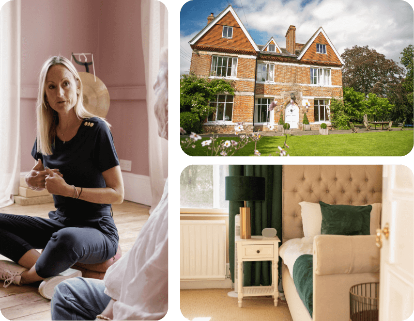 A woman sits cross-legged on a wooden floor at a Trauma Clinic, talking to someone. Beside her are photos of a large brick house with gardens and a cozy bedroom with a green lamp and cushions.