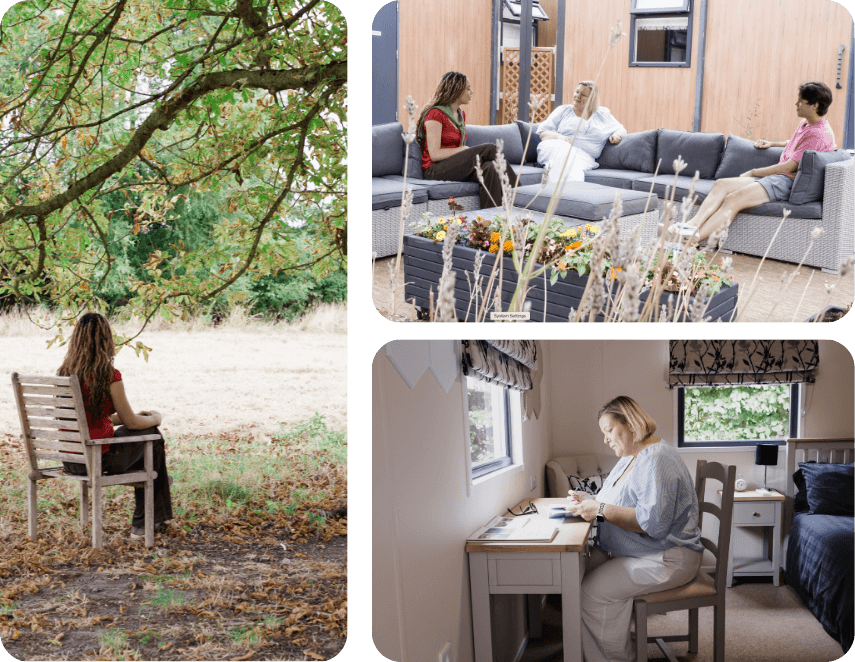 A collage shows one person sitting alone on a bench outdoors under a tree, three people talking on outdoor couches at a Trauma Clinic, and a woman writing at a desk by a window in a cozy indoor room.